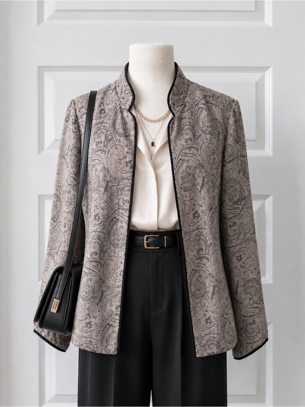 Dressbarn Womans Quiet Luxury Paisley Beige Open Front Jacket Blazer